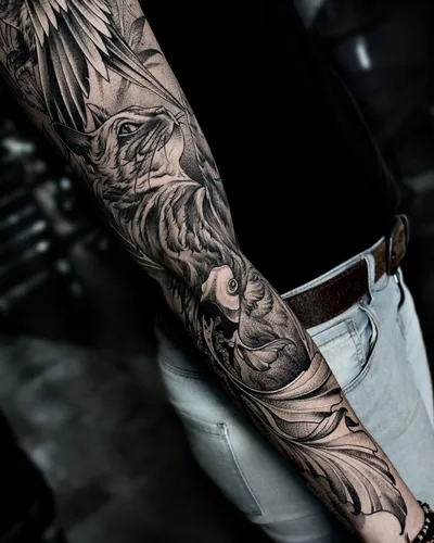 Tatouage de La Belette Bleue : bras aux animaux réalistes